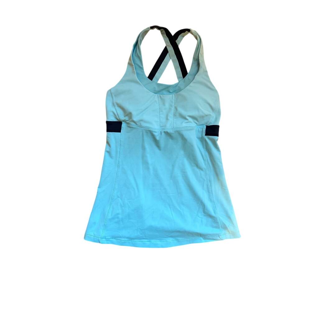 Lululemon Work It Out Tank Aqua Blue Black Size 6 Cross Back Yoga Top